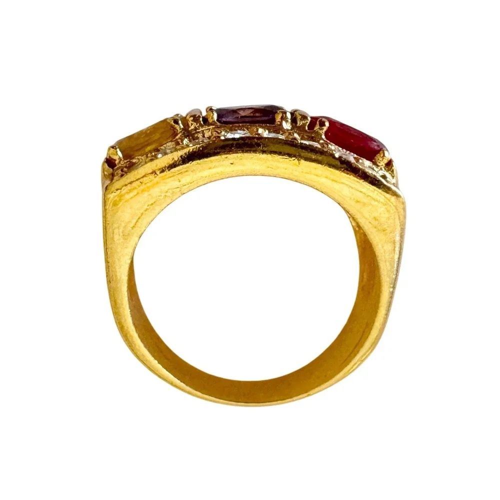 Vintage 1980s Gold Band Ring with Pink, Amethyst, and Yellow CZs